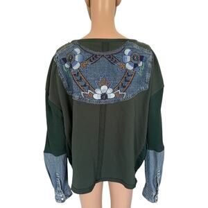 Floral Embroidered Denim Patch Blouse - Green